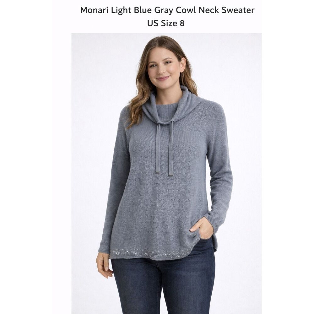 Monari Gray Cowl Neck Knit Sweater Rhinestone Hem Women US 8